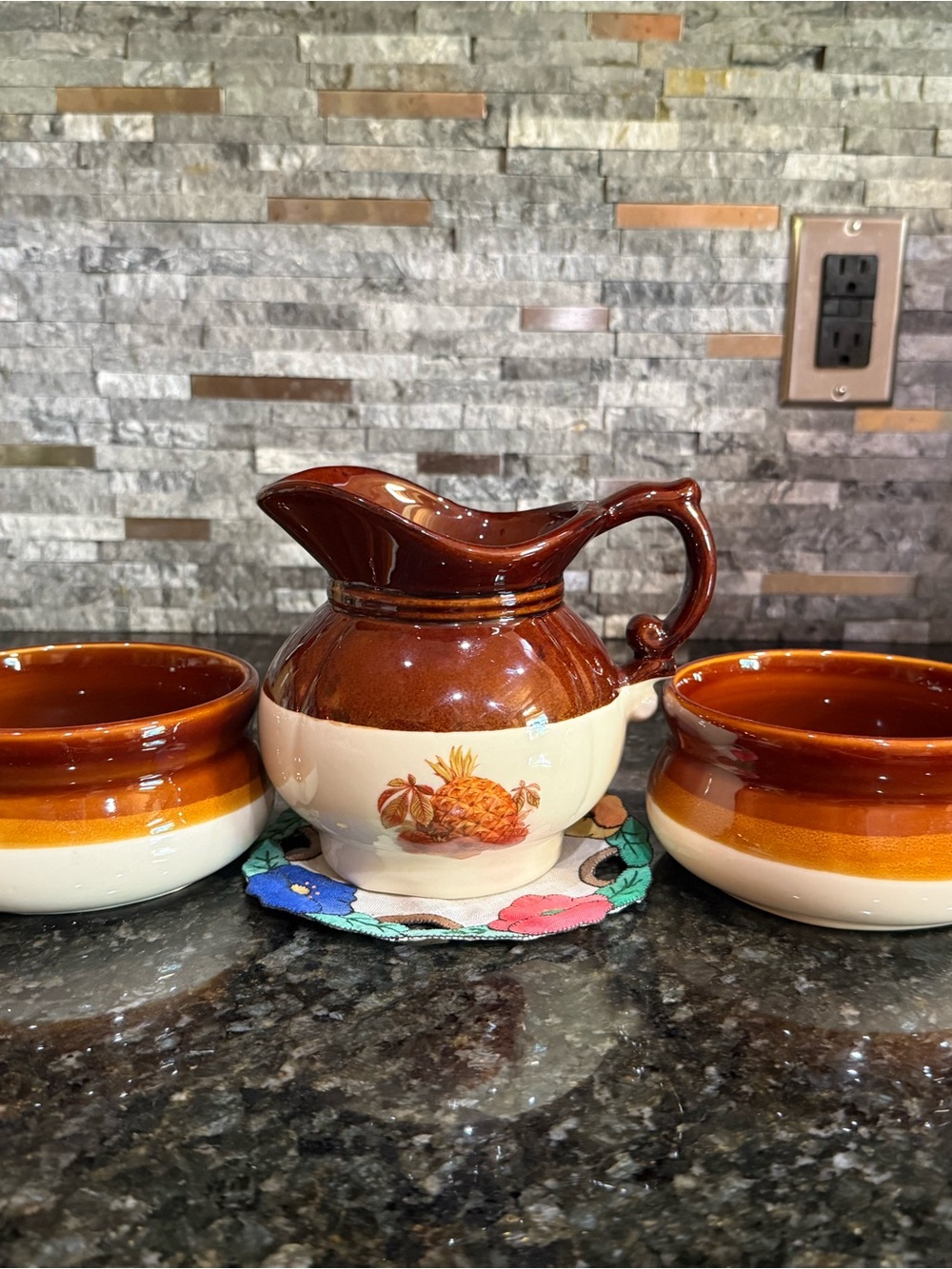Vintage Cottage Core Crock Stonewear Pitcher and Soup Bowls